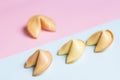 fortune cookie on pink, blue background, pastel colors