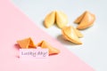 fortune cookie on pink and blue background, pastel colors, lucky day prediction