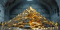 A fortune in gold stacked in a perfect pyramid inside an ancient underground vault Royalty Free Stock Photo