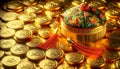 a fortune gold wealth Chinese prosperity new year coin asia greeting China golden asian fabric holiday luxury east silk festival