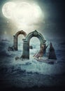 Fortune hunter schooner passes alien ocean Royalty Free Stock Photo