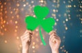 Hands holding green paper shamrock Royalty Free Stock Photo