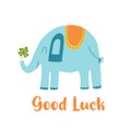 Fortune symbol Good luck baby elephant with clover leaf, flower, decorative lucky element isolated