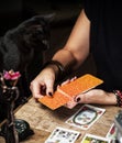 A fortune teller with a black cat read the Tarot cards. Royalty Free Stock Photo