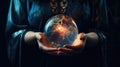 Fortune teller hands. Magic ball in women hands. Blurred dark background