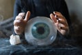 Fortune Teller Holds Hands Above Magic Crystal Ball With Eyeball Inside. Conceptual Image Of Black Magic And Occultism
