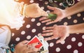 Fortune teller reading fortune lines on hand Palmistry Psychic readings and clairvoyance hands with Tarot cards divination Royalty Free Stock Photo