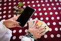 Fortune teller reading fortune lines on screen smartphone modern horoscopes online fortune telling application Palmistry Psychic