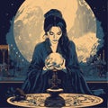 A fortune-teller woman fortune-telling, putting her hands on her crystal ball, vector illustration