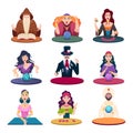 Fortune tellers with magic balls. Gypsy crystal balls and cards fairytale characters exact vector cartoon pictures