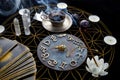 Fortune Telling Table with tarot cards and esoteric objects Royalty Free Stock Photo