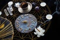 Fortune Telling Table with tarot cards and esoteric objects Royalty Free Stock Photo