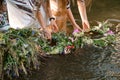 Fortune-telling on wreaths and water, the Ivan Kupala holiday, girls throw wreaths on the water. Royalty Free Stock Photo