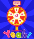 Fortune wheel in flat style. Game money, winner play luck. Vector bright sticker with Yeah text