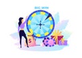 Fortune wheel. Woman with presents and money. Big win in lottery concept. Rotating circle for raffling prizes. Casino or Royalty Free Stock Photo