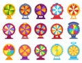 Fortune wheels, lucky spinning roulette, casino spin game. Colorful prize wheel, lottery prize roulettes games, money Royalty Free Stock Photo