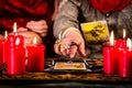 Fortuneteller laying Tarot cards with client Royalty Free Stock Photo