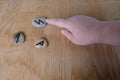 Fortuneteller`s hand explains the meaning of the Scandinavian, Slavic runes on flat stones for fortune-telling for the future, th