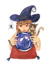 Fortuneteller Witch and Zombie Cat with Crystal Galaxy Ball Watercolor.