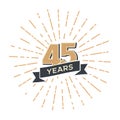 Forty five anniversary retro vector emblem isolated template. Vintage logo fourty fifth 45th years with ribbon and fireworks on