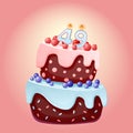 Forty nine years birthday cake with candles number 49. Cute cartoon festive vector image. Chocolate biscuit with berries, cherries