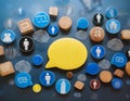Forum and community discussions, featuring elements like speech bubbles, people icons, and chat symbols symbolizing conversation, Royalty Free Stock Photo