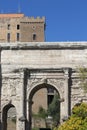 Forum Romanum, view of the ruins of several important ancient  buildings, fragment of Arch of Septimius Severus, Rome, Italy Royalty Free Stock Photo