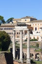 Forum Romanum, view of the ruins of several important ancient buildings, fragment of the Temple of Castor and Pollux, Rome, Italy