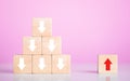 Forward and backward arrows on wooden blocks, Different, symbolizing the concept of thought development. Process of reflecting on