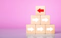 Forward and backward arrows on wooden blocks, Different, symbolizing the concept of thought development. Process of reflecting on