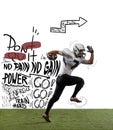 Artwork. Sportive african-american man, american football player in motion and action with ball isolated on white