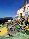 Forward offshore vessel at sea with oil tanker during calm weather