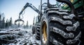 Forwarder tire immersed in mud and snow during log loading in a winter forest environment Royalty Free Stock Photo