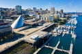 Foss Waterway and Tacoma Skyline. Along the waterway are condominiums and boat docks with a marina. Royalty Free Stock Photo