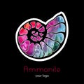 Fossil ammonite nautilus seashell vector logo. Watercolor rainbow pink blue hand drawn illustration spa salon