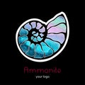 Fossil ammonite nautilus seashell vector logo. Watercolor rainbow pink blue hand drawn illustration spa seafood cafe