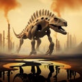 Fossil fuels concept. Skeletal dinosaur by the puddle of oil against industrial smokestacks Royalty Free Stock Photo