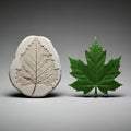 Fossil Leaf and Green Leaf Comparison on Grey Surface Showing Veins and Textures Detailed Study in Paleontology and Botany with Royalty Free Stock Photo