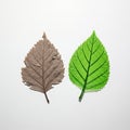 Fossil Leaf and Green Leaf Comparison on Isolated White Background Showing Paleontology Evolution and Botany Study in Bright Royalty Free Stock Photo