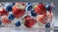 Fossilization of strawberries and blueberries captured in clear resin block with bubbles