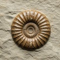 A fossilized ammonite embedded in a textured, light gray rock surface. The ammonite