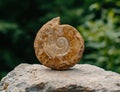 Fossilized ammonite shell on rock