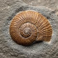 Fossilized ammonite spiral shell in grey matrix textured surface Royalty Free Stock Photo