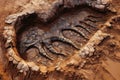 fossilized dinosaur footprint in muddy terrain