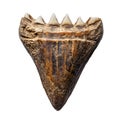 Isolated close up of a fossilized shark tooth with visible serrations against a white background