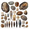 Fossils Set, Archeologic Fossil Dig Collection Isolated, Fossilized Prints of Prehistoric Plants and Animals