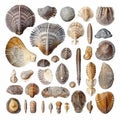 Fossils Set, Archeologic Fossil Dig Collection Isolated, Fossilized Prints of Prehistoric Plants and Animals