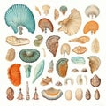 Fossils Set, Archeologic Fossil Dig Collection Isolated, Fossilized Prints of Prehistoric Plants and Animals