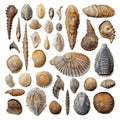 Fossils Set, Archeologic Fossil Dig Collection Isolated, Fossilized Prints of Prehistoric Plants and Animals