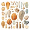 Fossils Set, Archeologic Fossil Dig Collection Isolated, Fossilized Prints of Prehistoric Plants and Animals